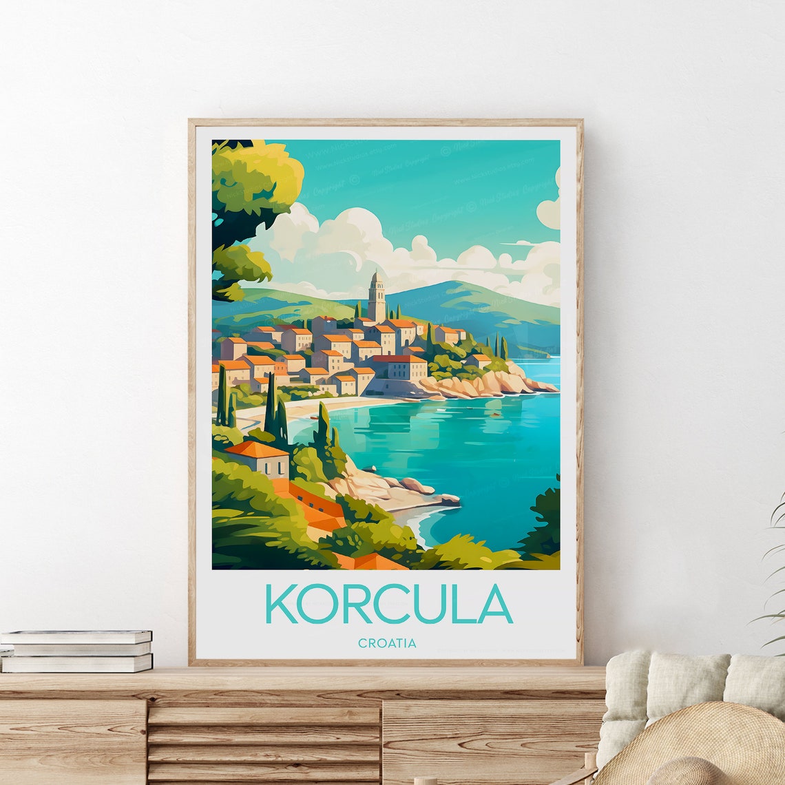Korcula Croatia Hillside Bell Tower and Adriatic Bay Travel Poster - Image 2