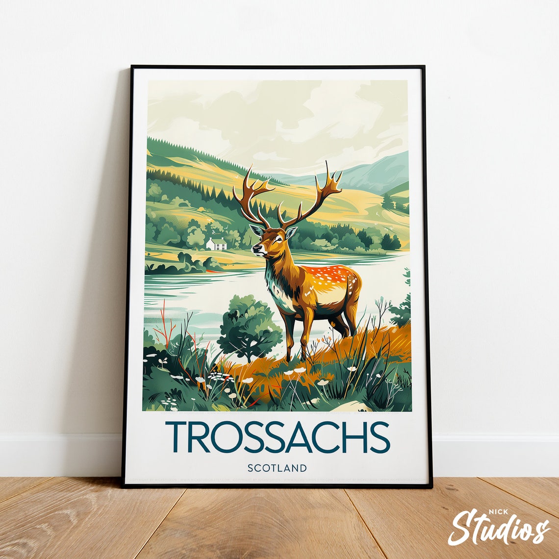 Trossachs Scotland Spotted Stag Loch Vintage Travel Poster Art