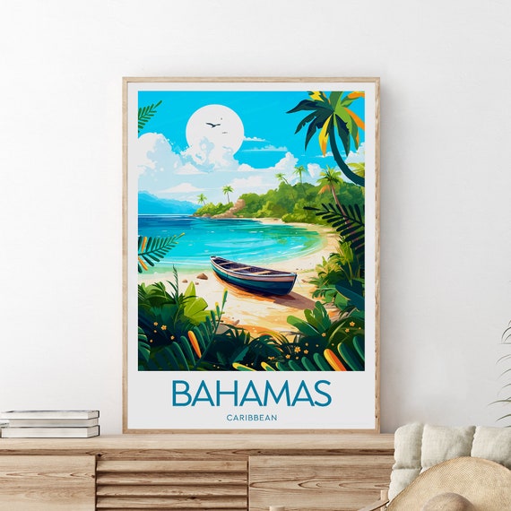 Bahamas Caribbean Tropical Beach Cove Wooden Boat Travel Poster