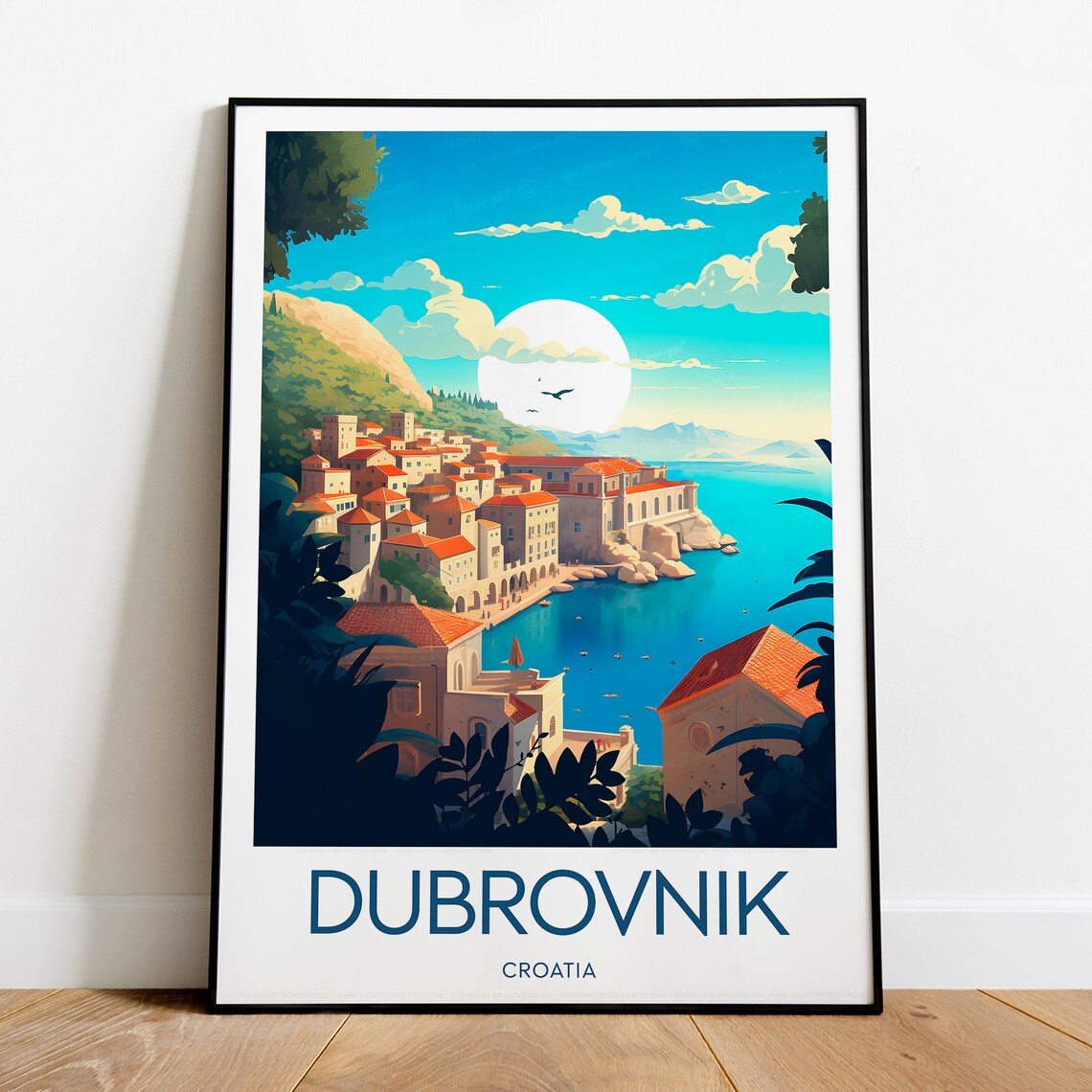 Dubrovnik Old Town Adriatic Sea Sunset Vintage Travel Poster