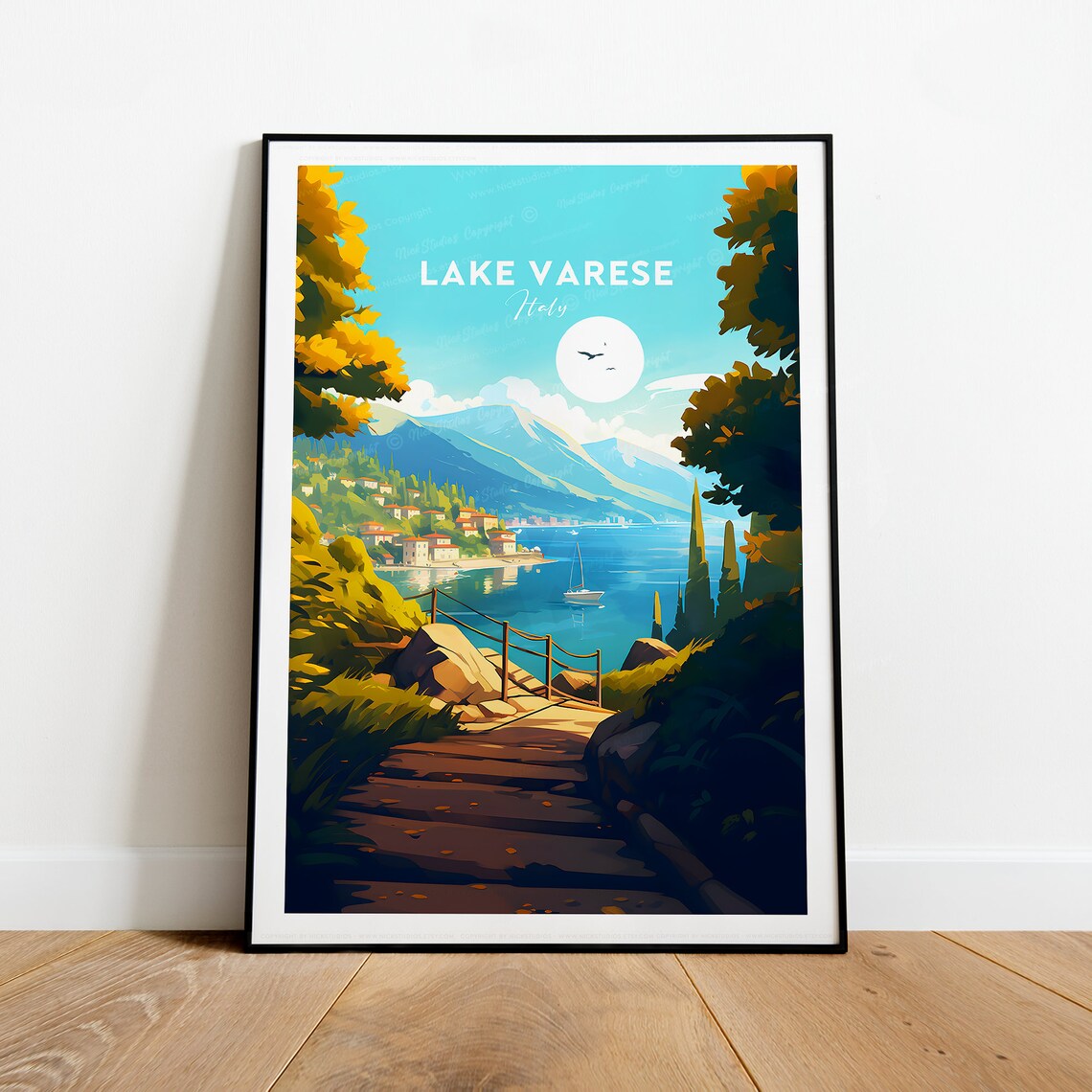 Lake Varese Italian Lakeside Steps Sailboat Scenery Travel Poster