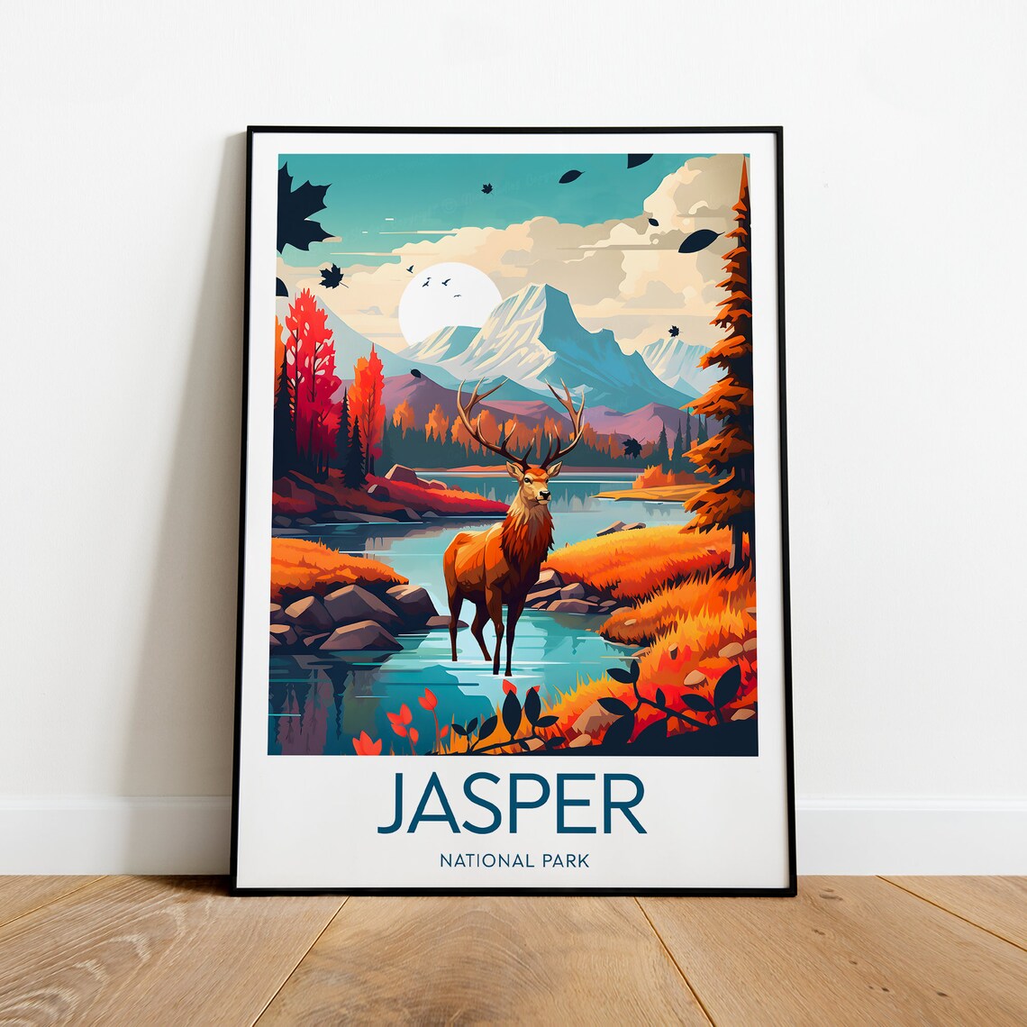 Jasper National Park Elk River Autumn Mountains Travel Poster