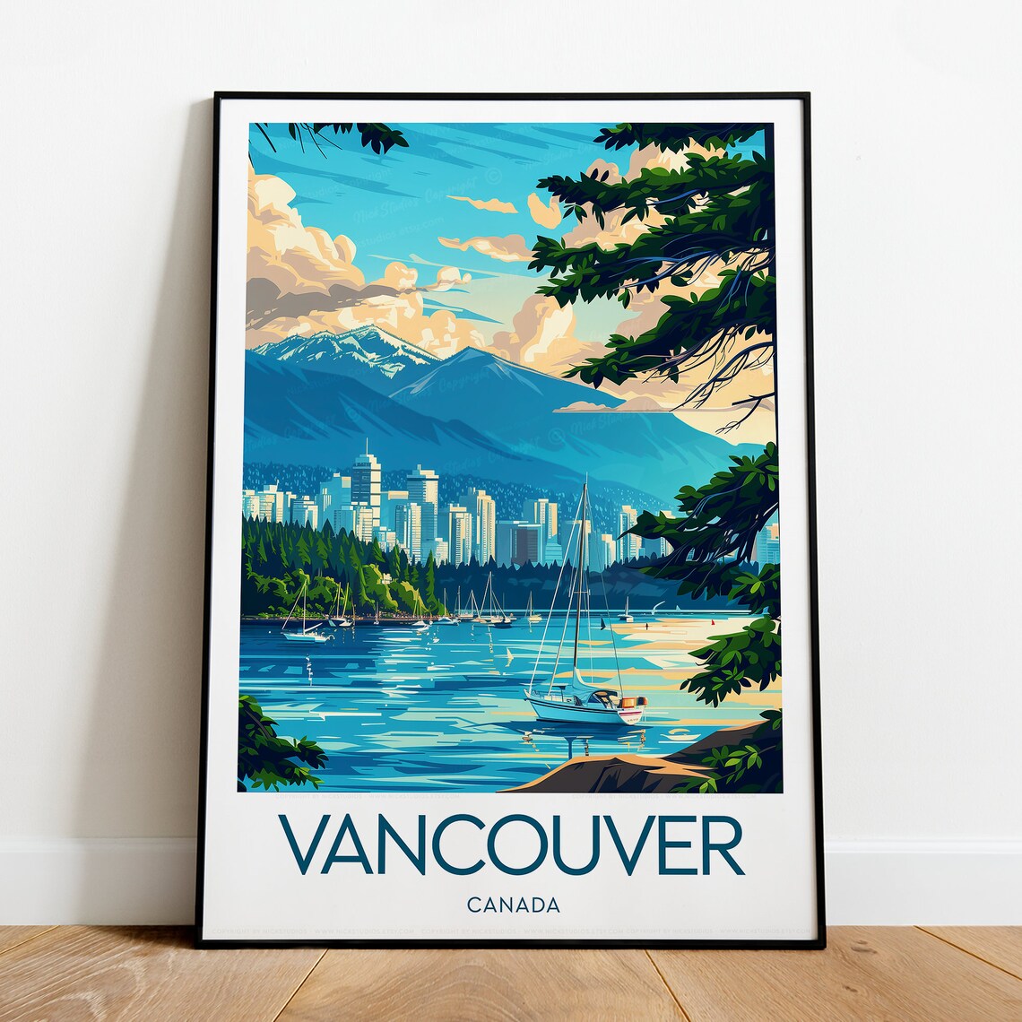 Vancouver Canada Harbor Sailboats City Skyline Mountains Travel Poster - Image 2