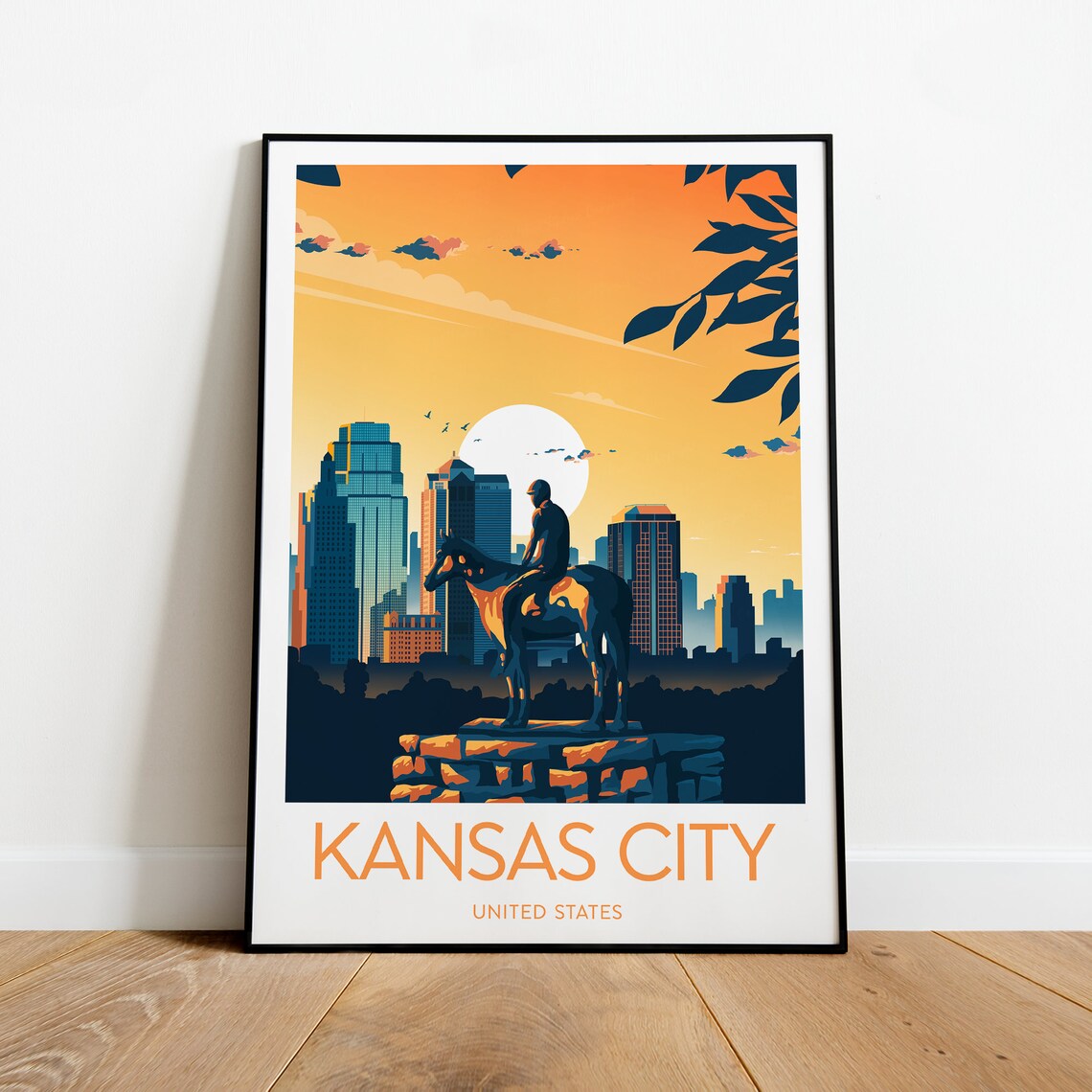 Kansas City Skyline Sunset Horse Rider Statue Evening Travel Poster - Image 2