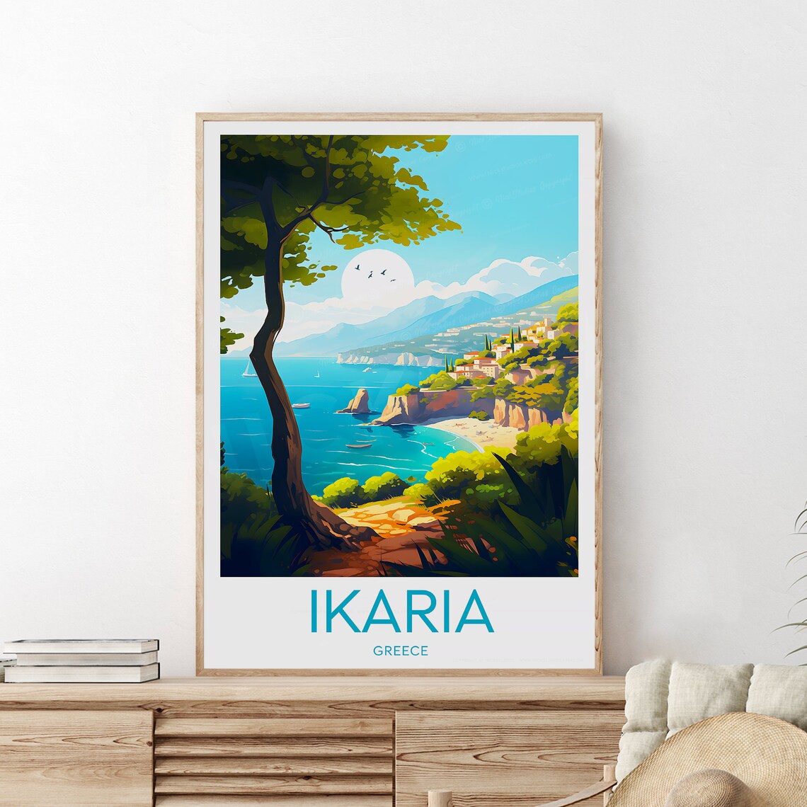 Ikaria Greece Aegean Coast Cliffs Golden Sunset Travel Poster