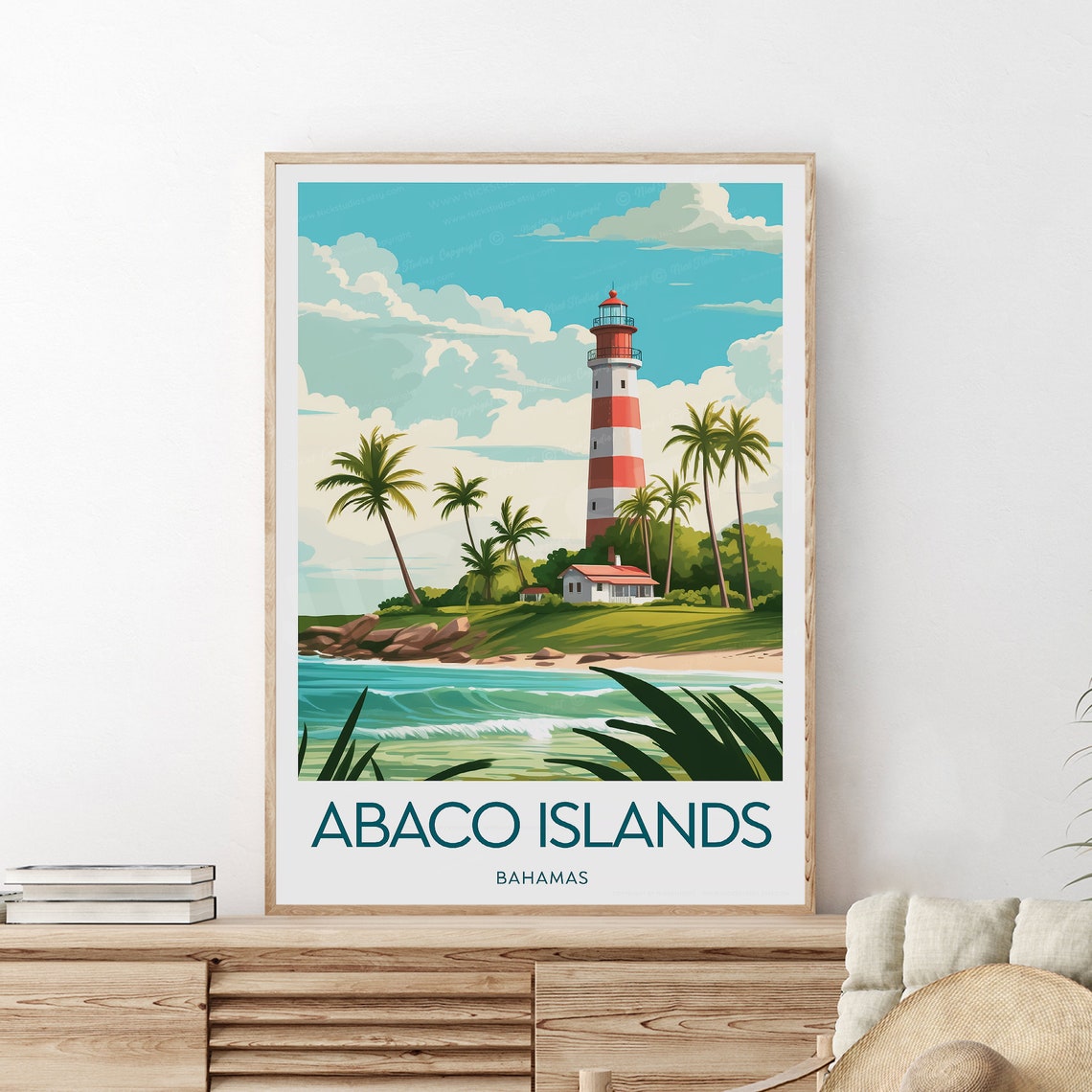 Scenic Abaco Islands Bahamas Striped Lighthouse Palm Tree Poster - Image 2