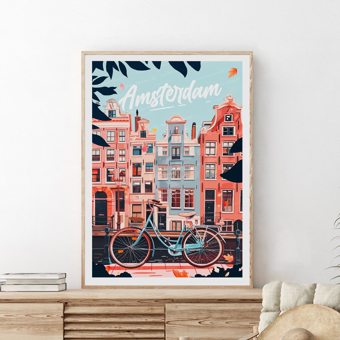 Amsterdam Netherlands Canal Houses With Bicycle In Autumn Print