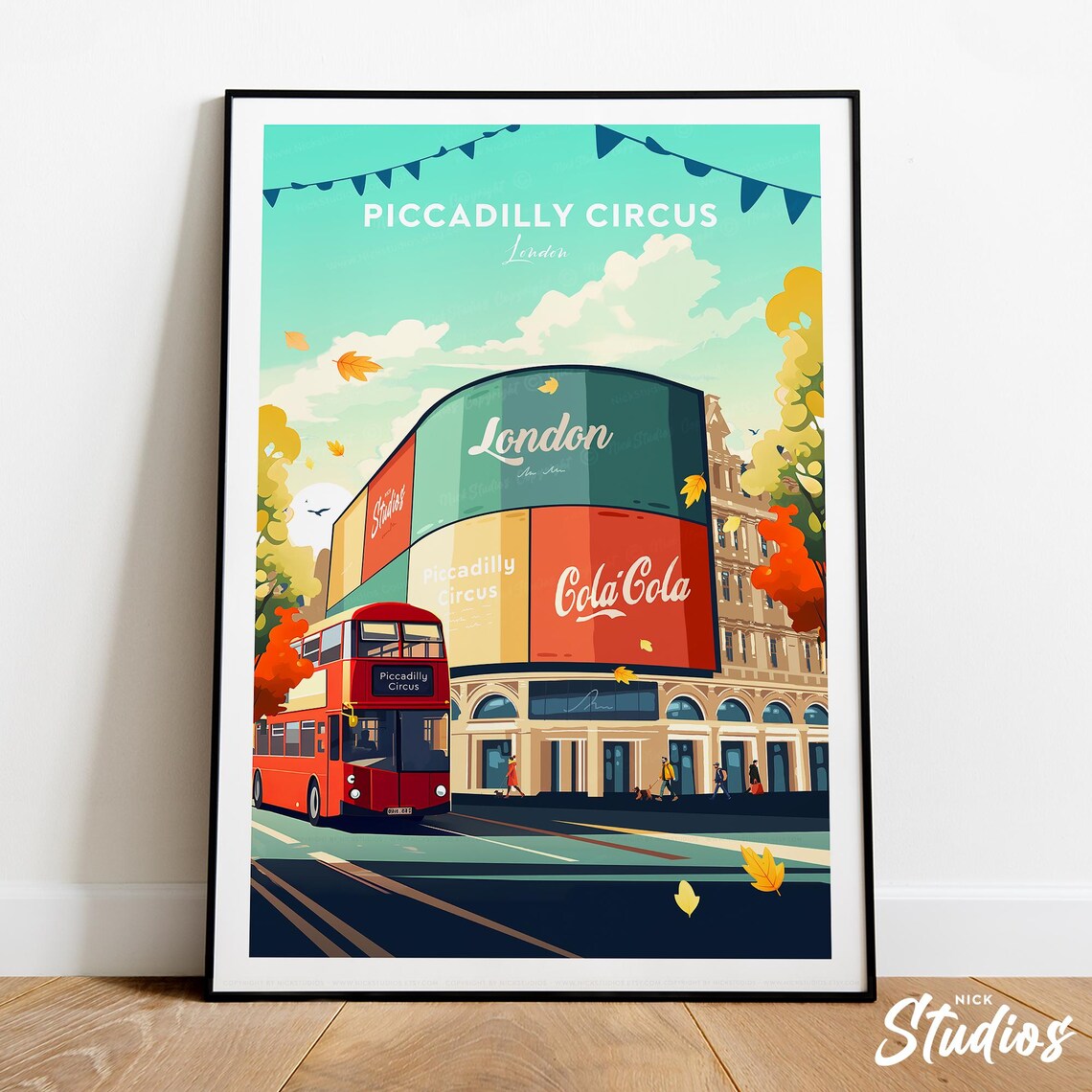 Piccadilly Circus London Red Bus Neon Signs Vintage Travel Poster