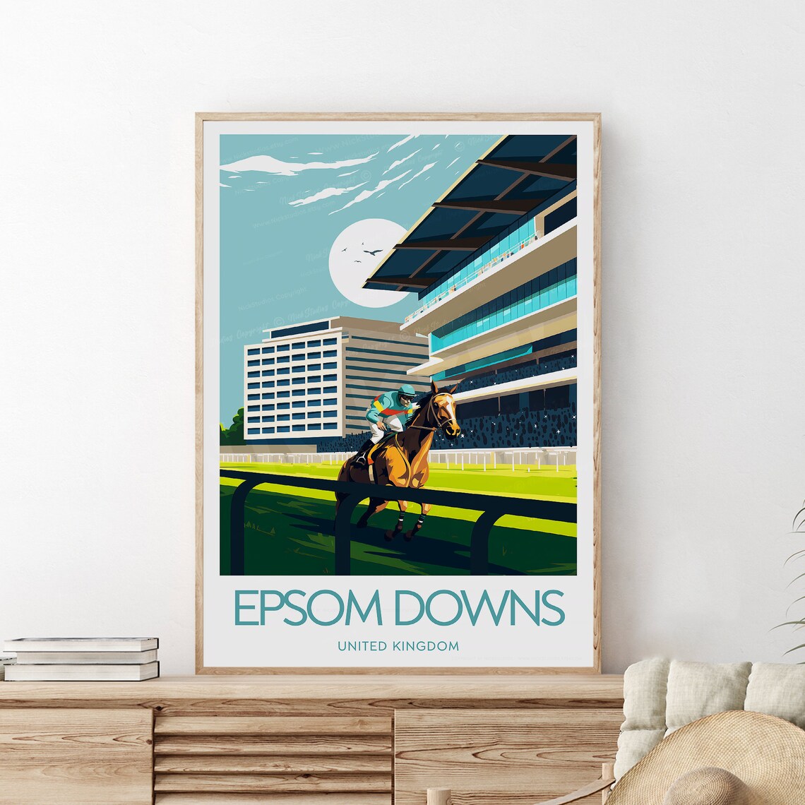 Epsom Downs Racecourse Horse Racing Day with Jockey Art Poster