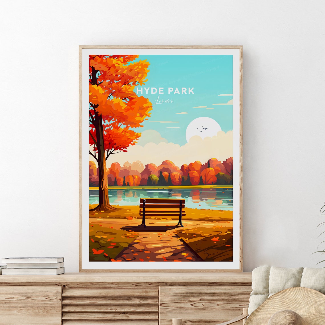 Retro Hyde Park London Fall Park Bench Lakeside Scene Travel Wall Art