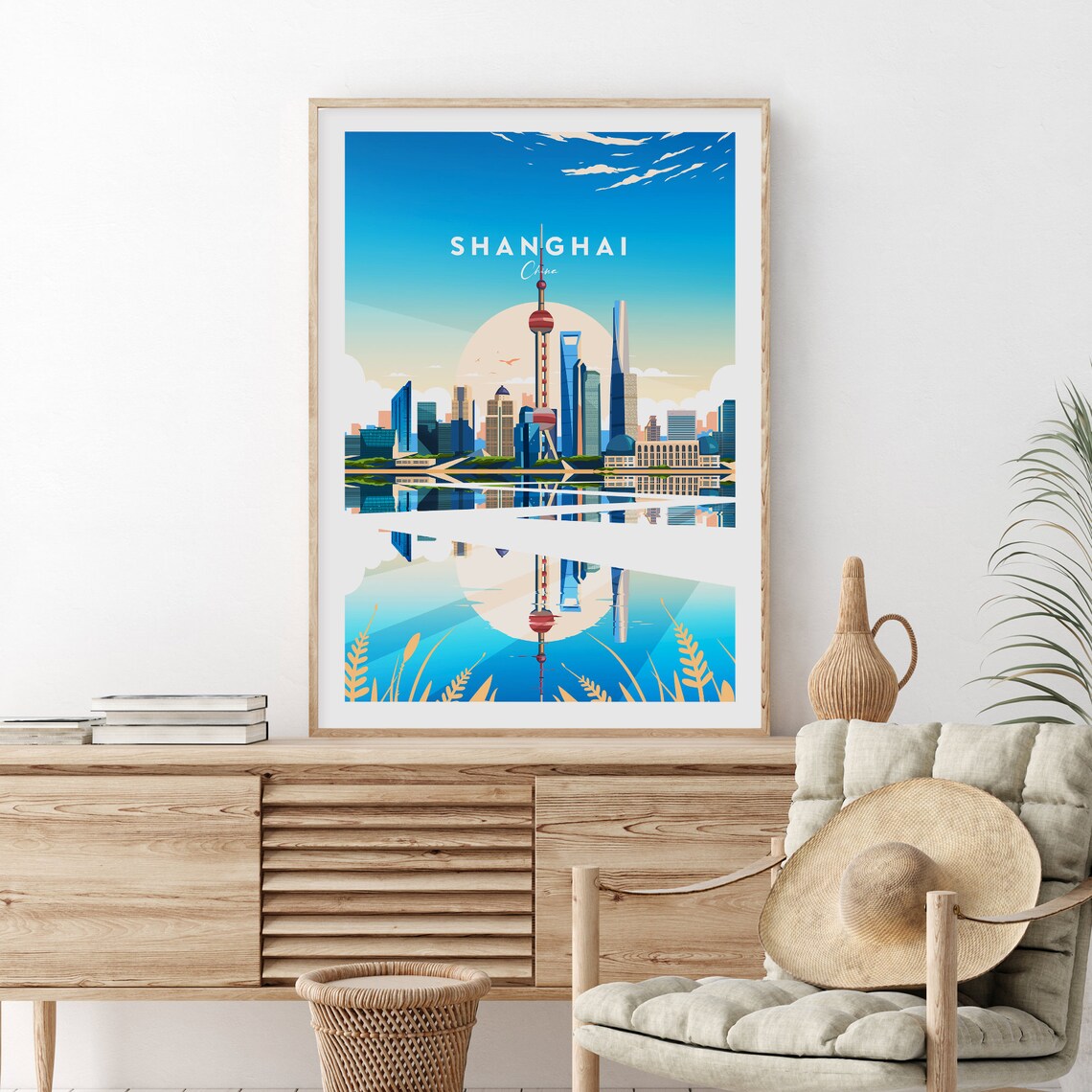 Shanghai China Futuristic Skyline Oriental Pearl Tower Travel Poster
