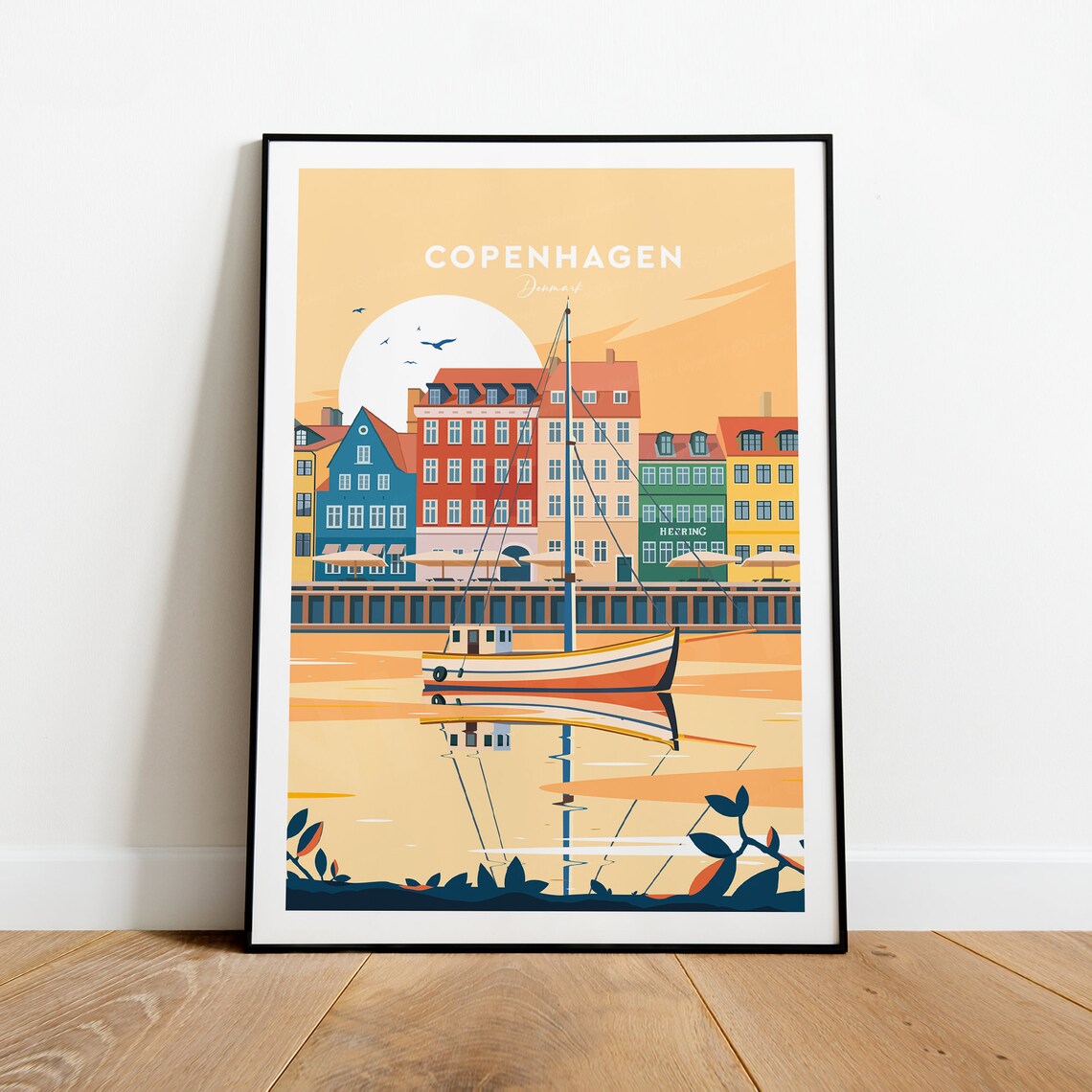 Copenhagen Denmark Nyhavn Harbor Tall Ship Sunset Travel Poster - Image 2