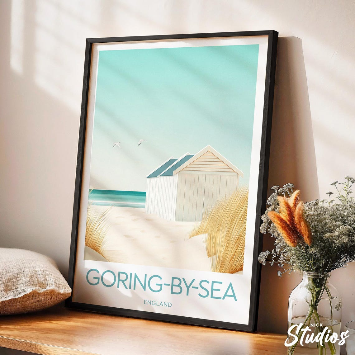 Goring-By-Sea Beach Hut on Sandy Shoreline Retro England Poster