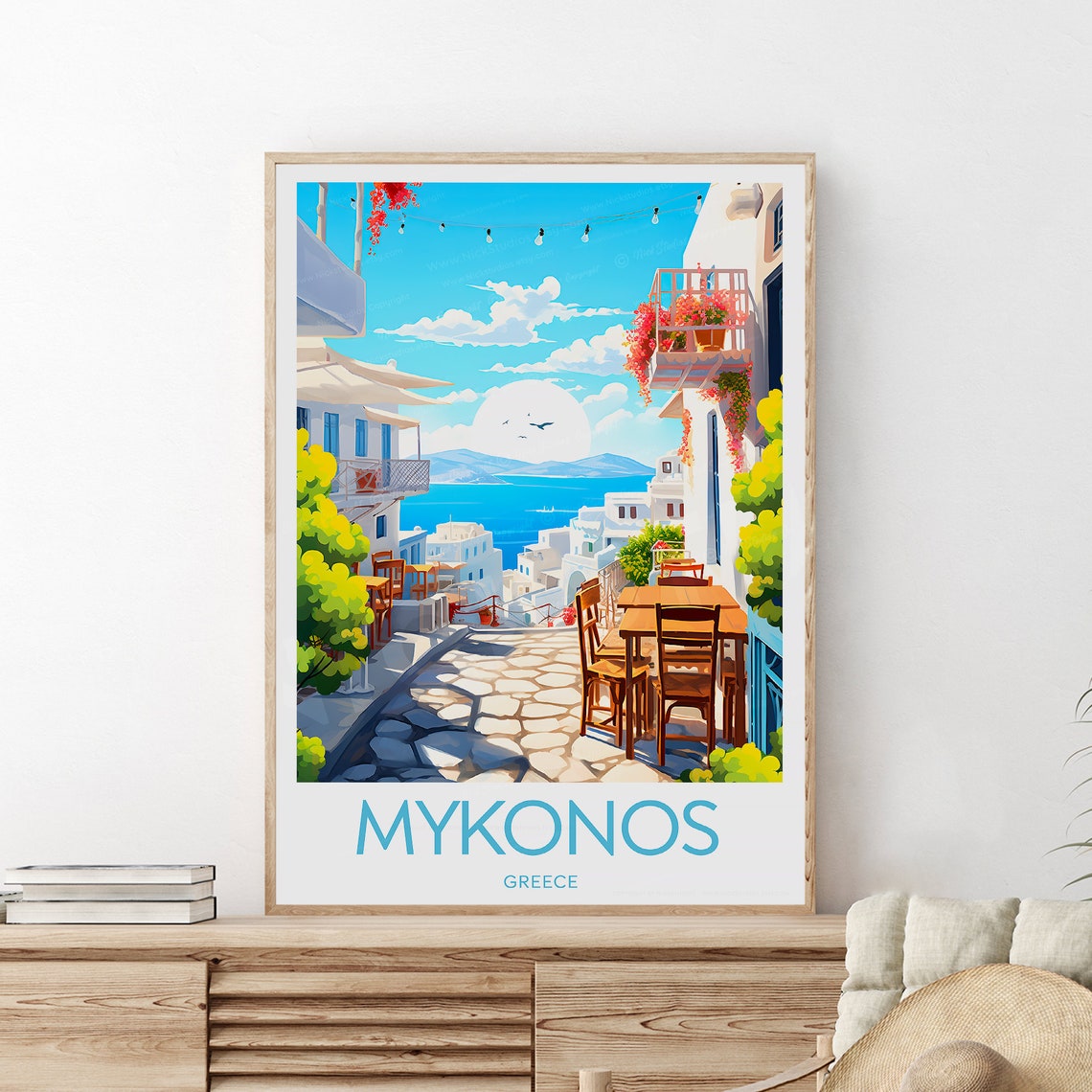 Mykonos Greece Seaside Taverna Travel Poster with White Street