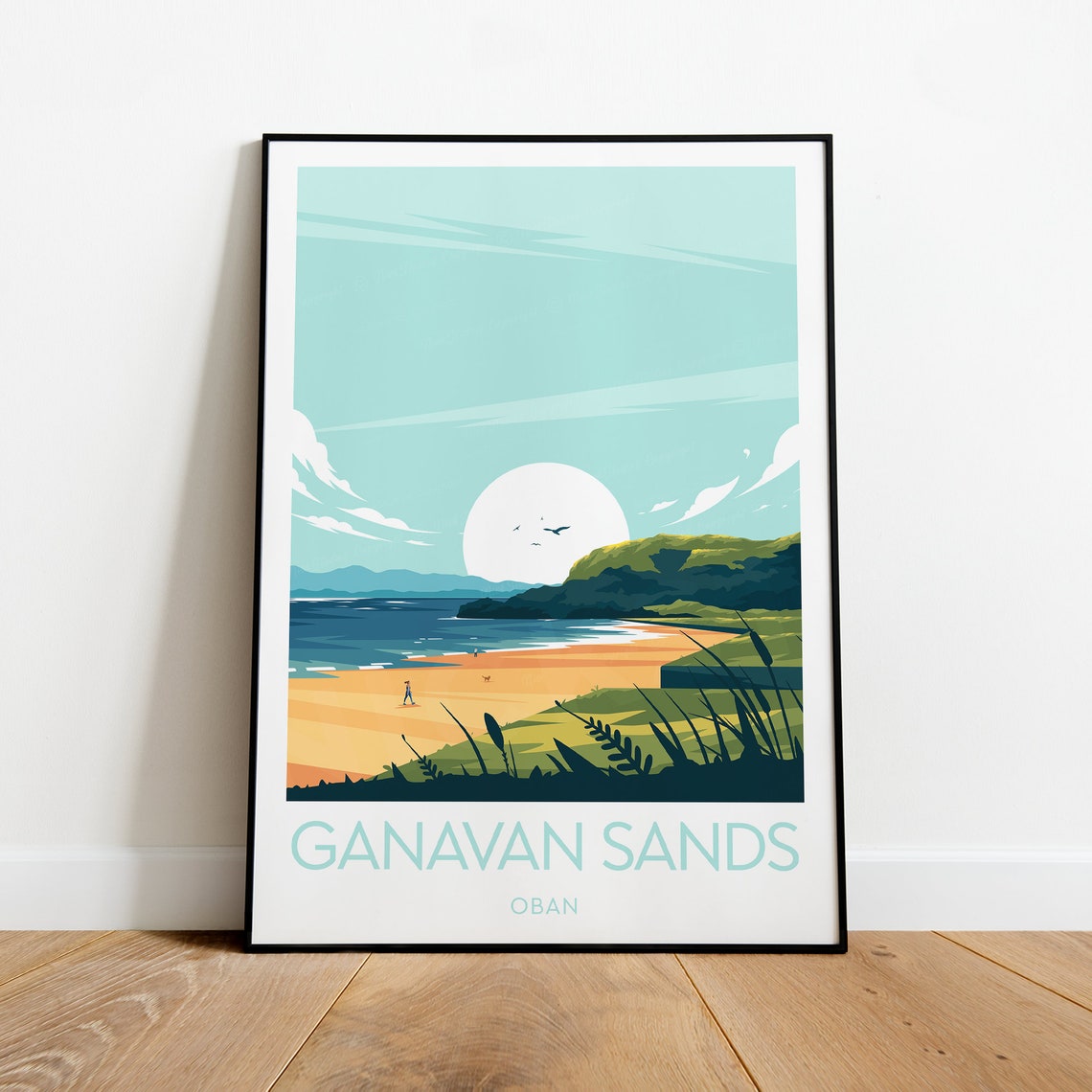 Ganavan Sands Oban Scotland Beach Big Sun Over The Waves Travel Poster