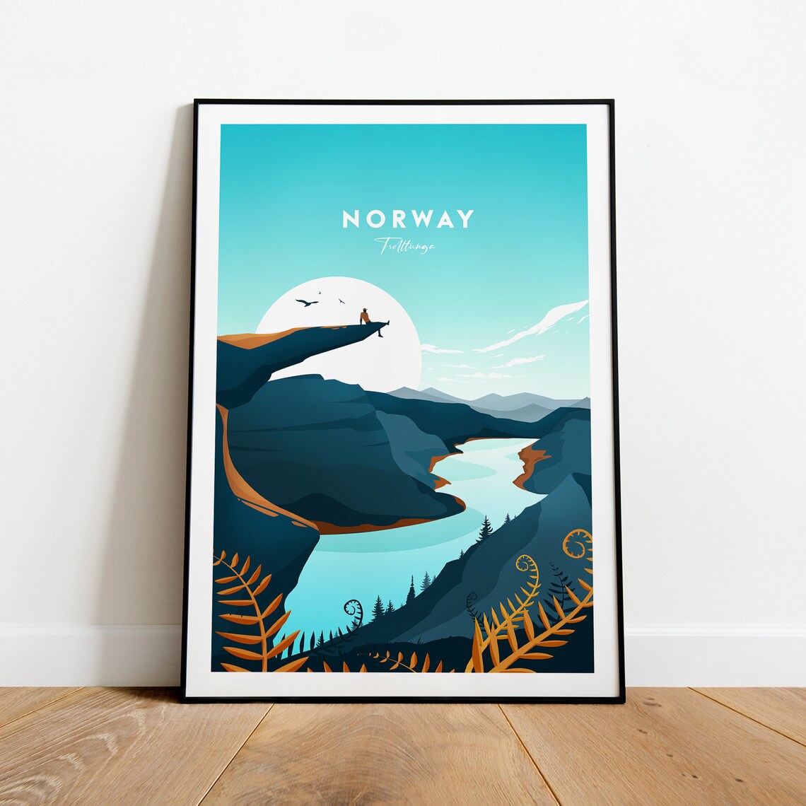 Norway Trolltunga Cliff Over Teal Fjord Retro Travel Art Poster