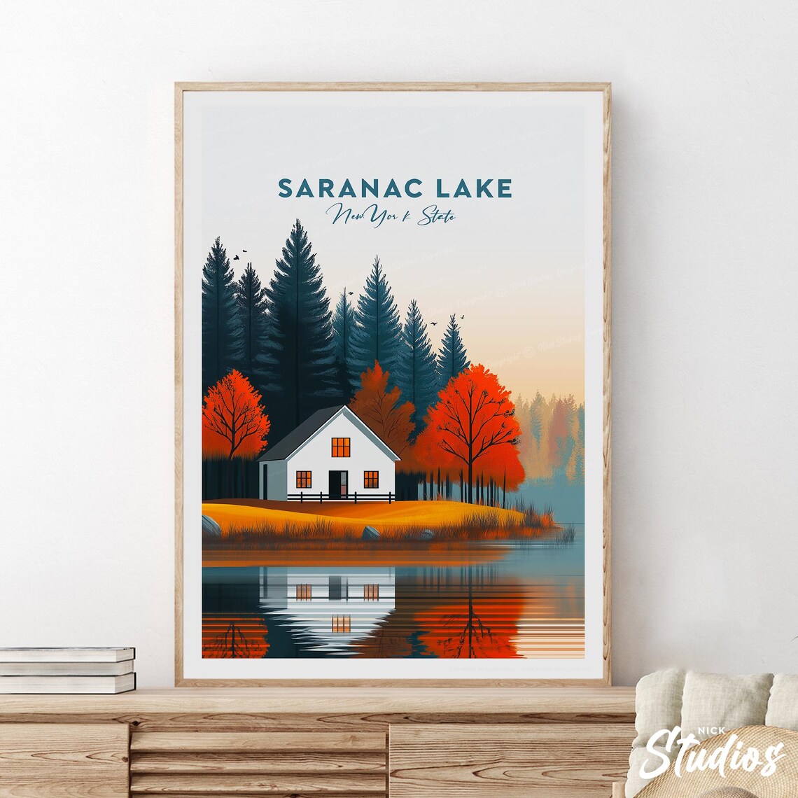 Saranac Lake New York Autumn Cabin Reflection Vintage Travel Poster