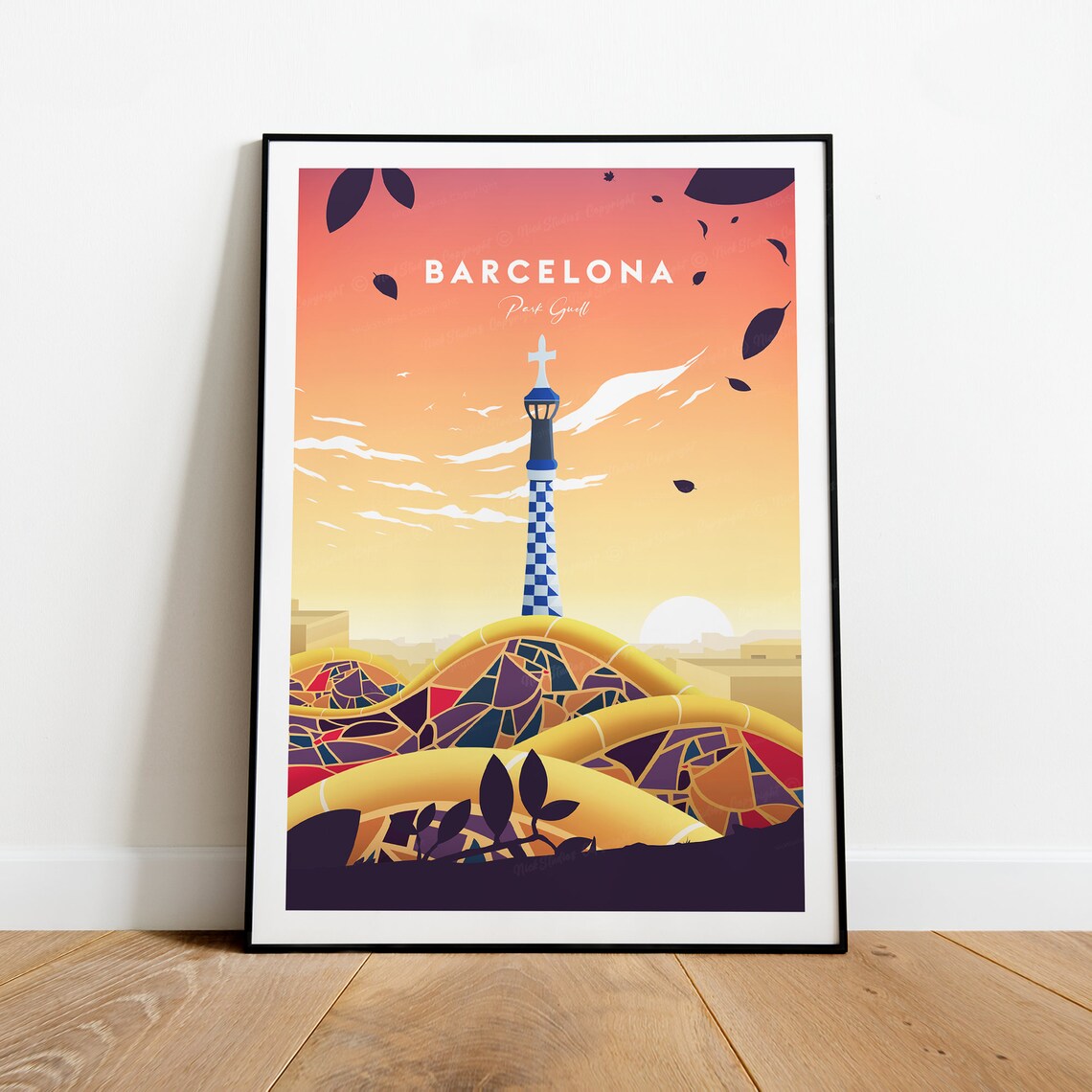 Barcelona Park Guell Mosaic Chimney Sunset Evening City Poster