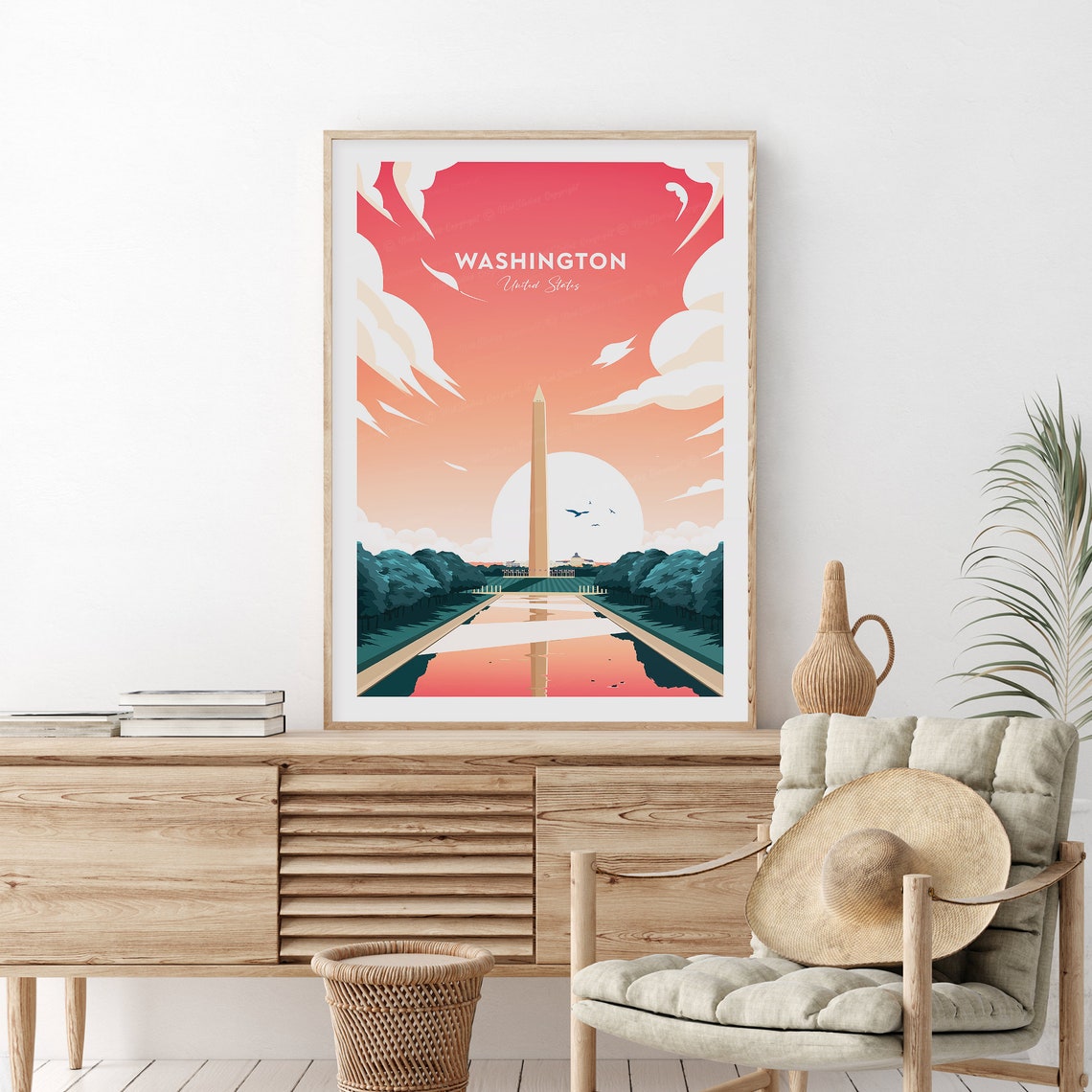 Washington Monument Sunset Reflecting Pool Capital Travel Poster