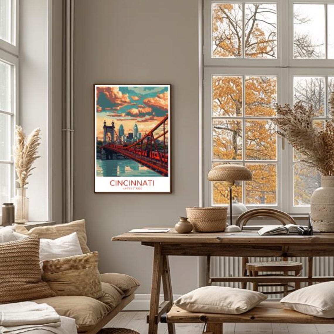 Cincinnati Ohio River Red Bridge Skyline Sunset Travel Poster - Image 4