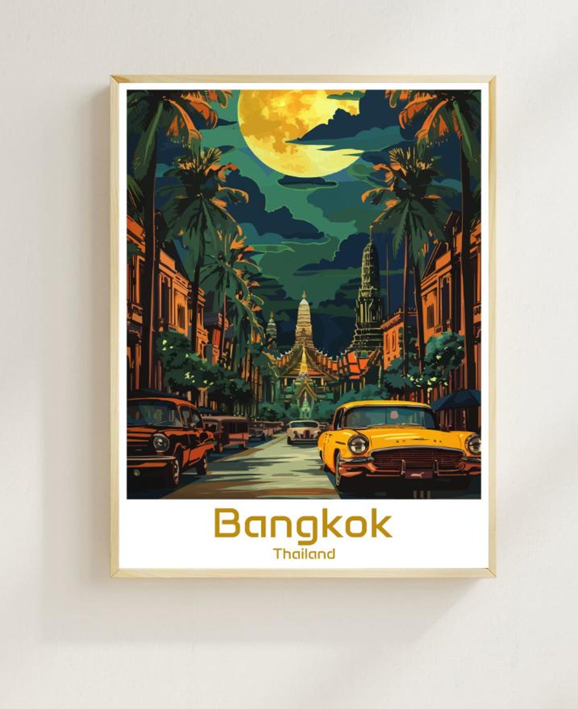 Bangkok Thailand Night Street With Temple Spires And Moon Poster