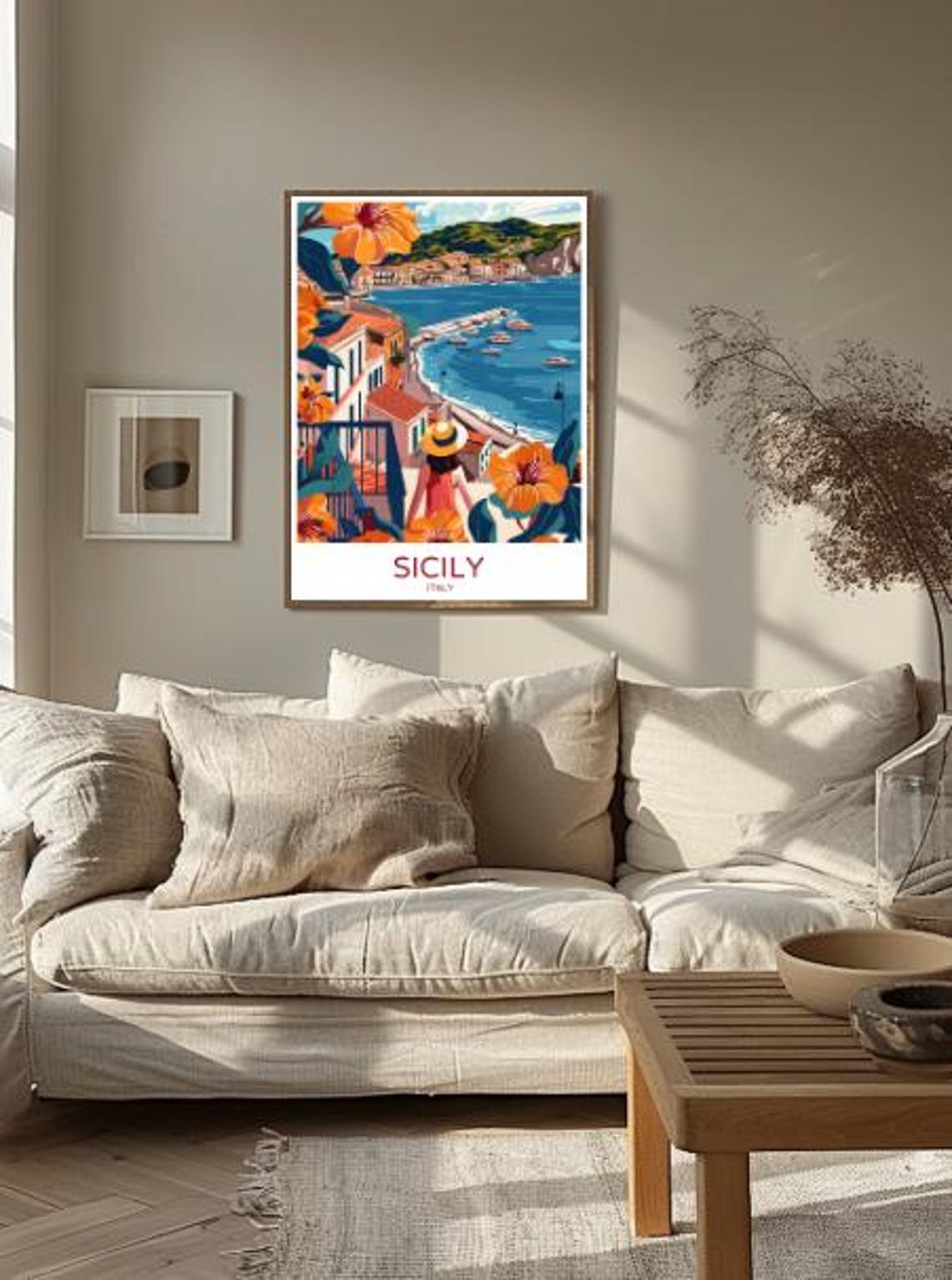 Sicily Italy Travel Poster Coastal Harbor Town Hibiscus Flowers View - Image 3