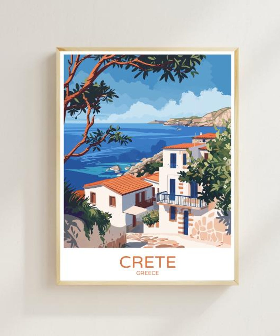 Crete Greece Whitewashed Island Village Seaside Retro Travel Poster
