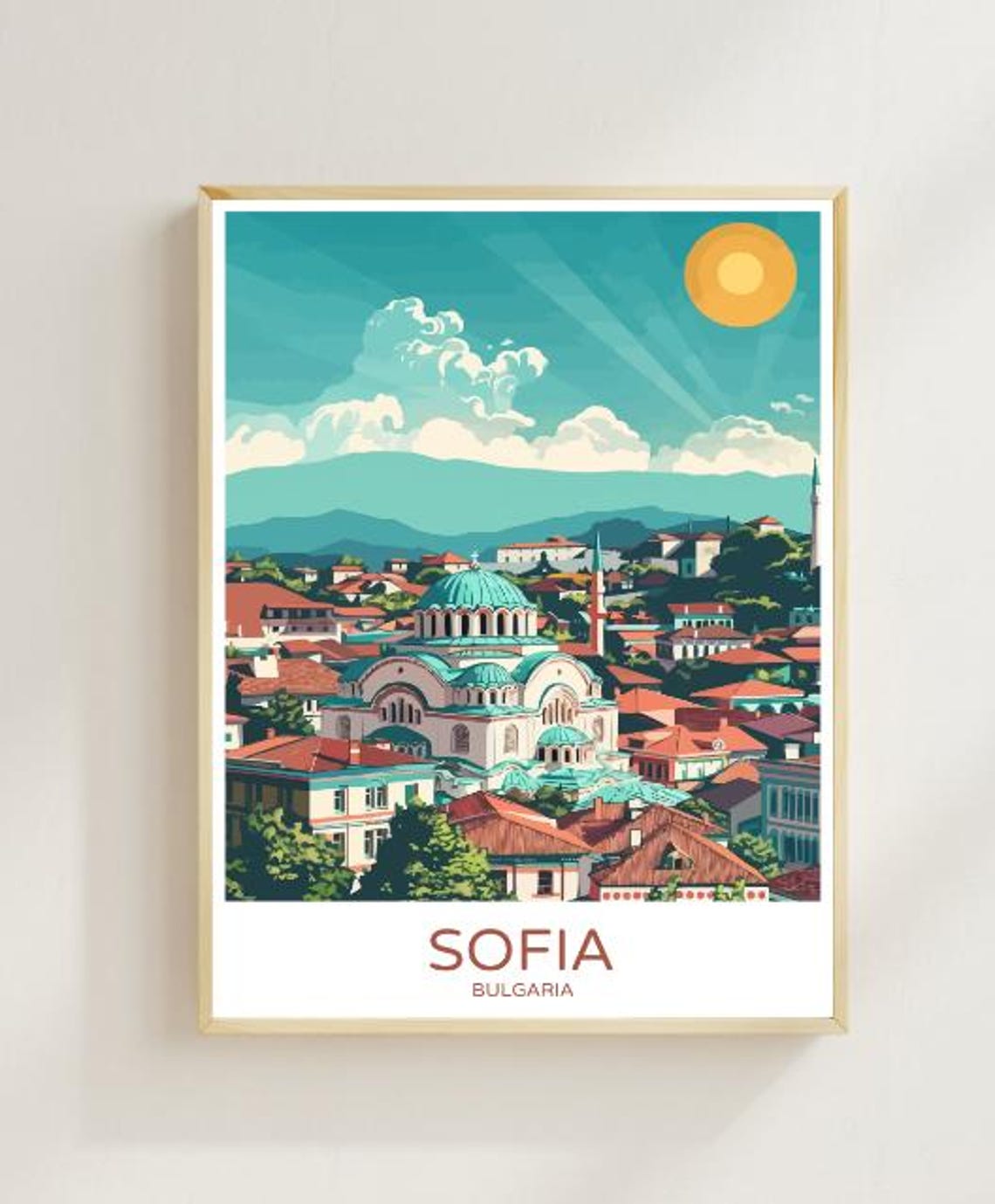 Sofia Bulgaria Travel Poster Cathedral Dome And Red Rooftops View