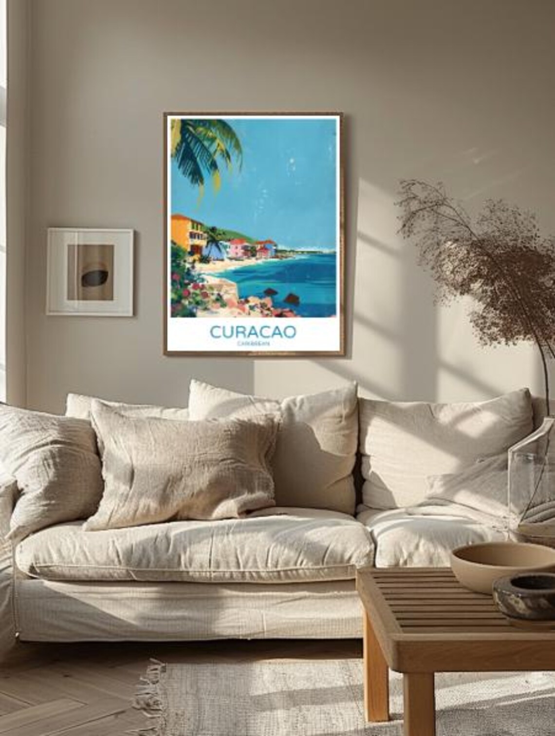 Curacao Caribbean Colorful Coastline Palm Tree Ocean View Travel Poster - Image 2