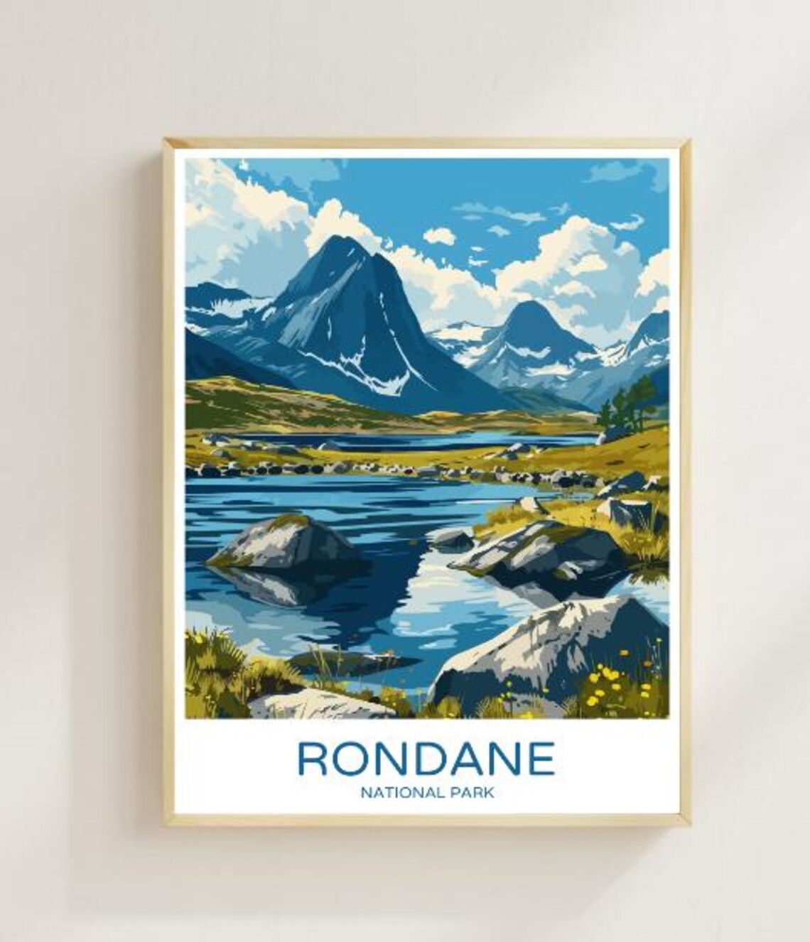 Rondane Snowy Mountain Peaks Reflecting In Rocky Lake Travel Poster