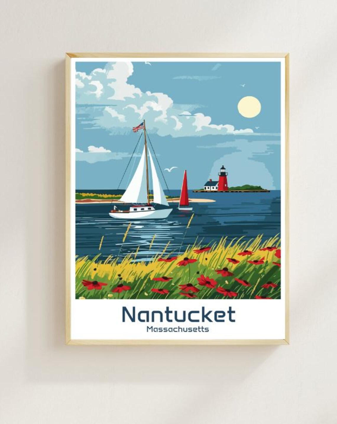 Nantucket Massachusetts Lighthouse Sailboats Island Coastal Poster
