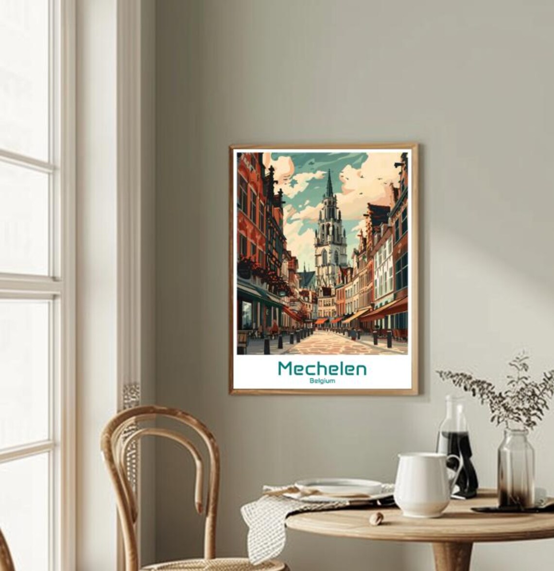 Mechelen Belgium Church Tower Old Street Vintage Travel Poster - Image 2