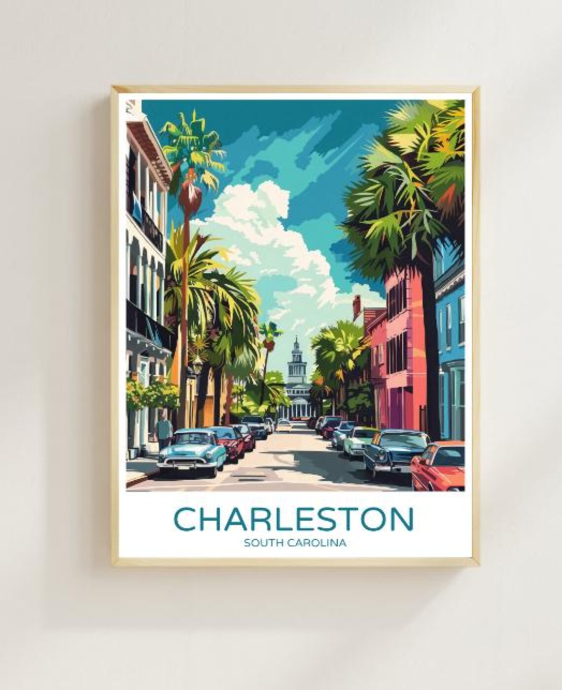 Charleston South Carolina Palm Street Classic Cars Travel Poster