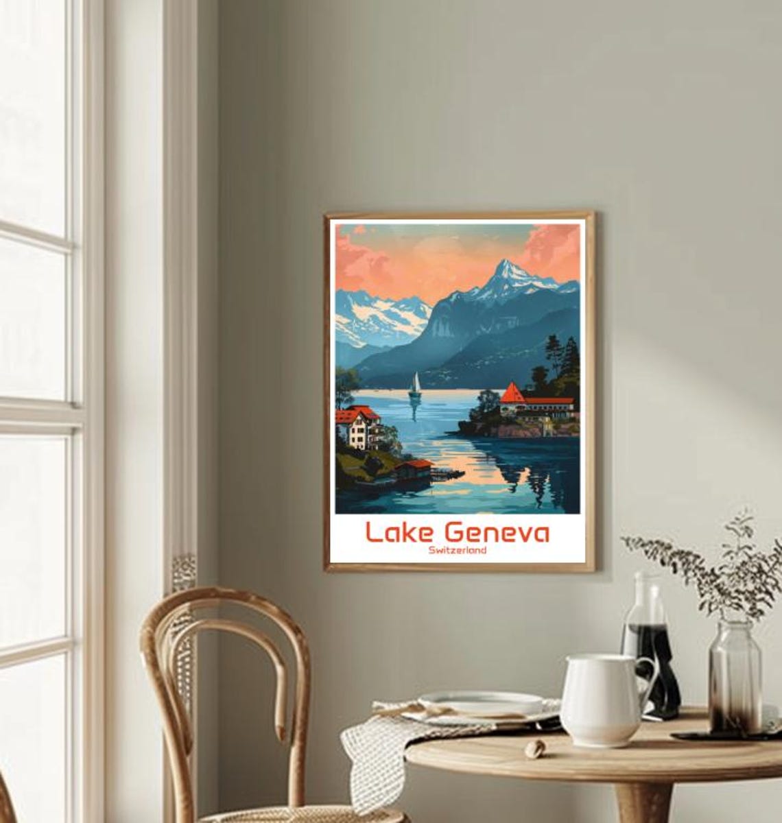 Lake Geneva Switzerland Alpine Sunset Sailboat Scene Travel Poster - Image 2