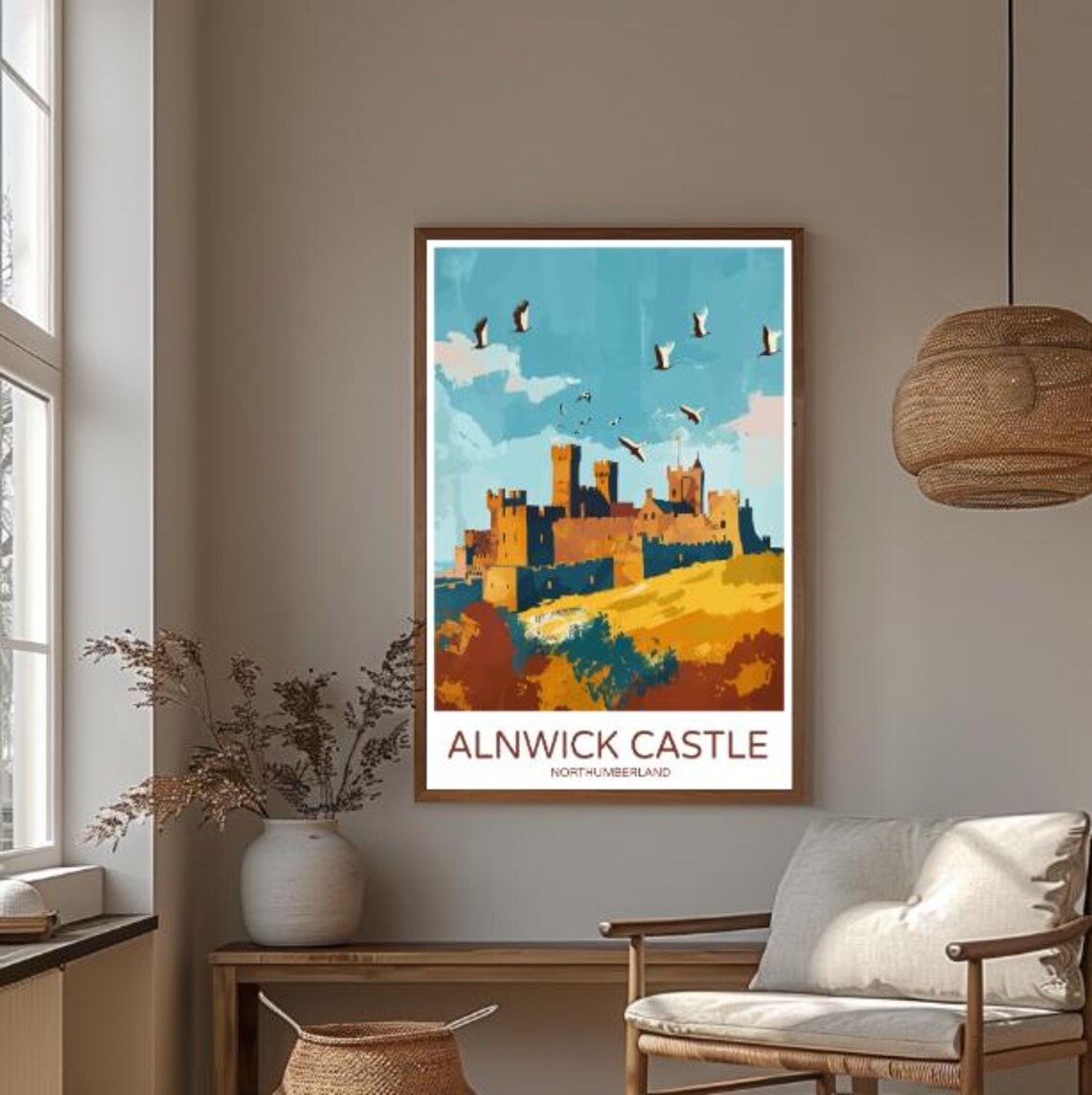 Alnwick Castle Northumberland Golden View Birds Travel Poster - Image 3