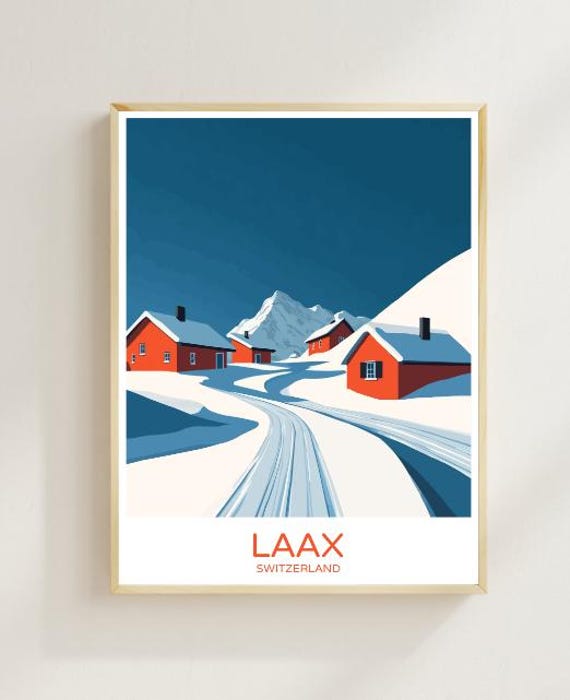 Laax Switzerland Travel Poster Scenic Alpine Village Wall Art Ski Resort View Print Swiss Mountain Decor