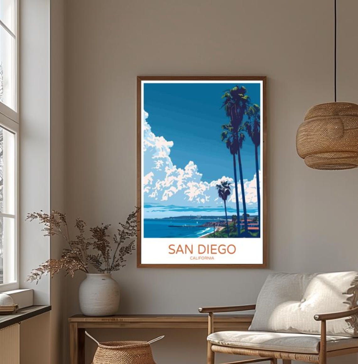 San Diego Palm Trees Over Ocean Colorful Illustrated Travel Poster - Image 3