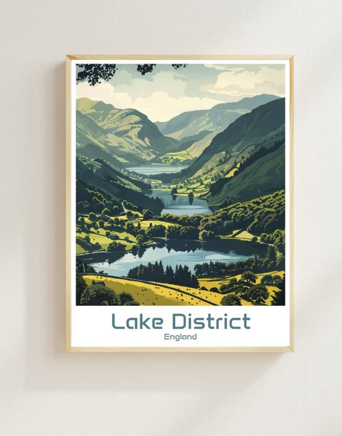 Lake District England Green Valleys and Lakes Vintage Travel Poster