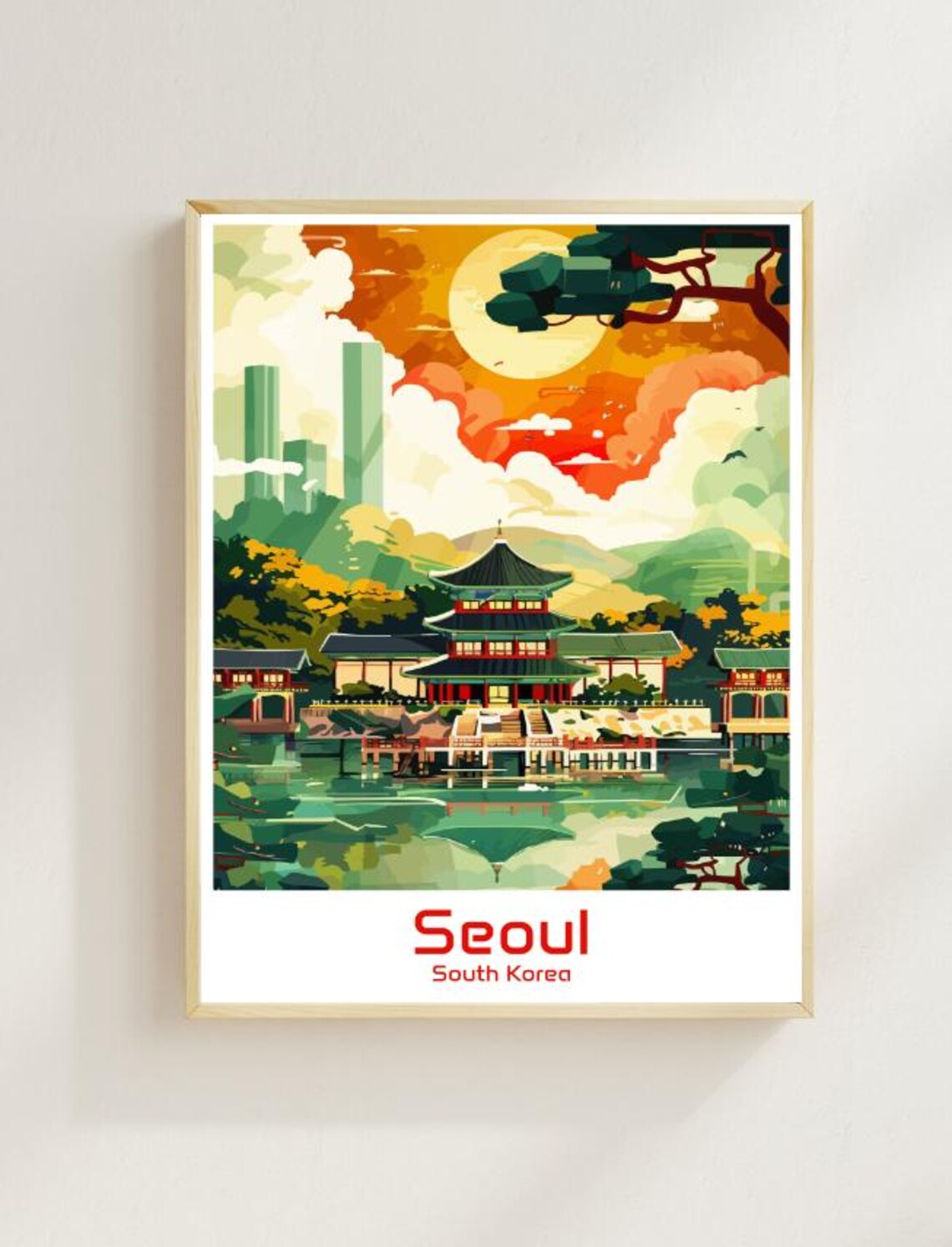 Seoul South Korea Traditional Palace Pavilion Sunset Travel Poster