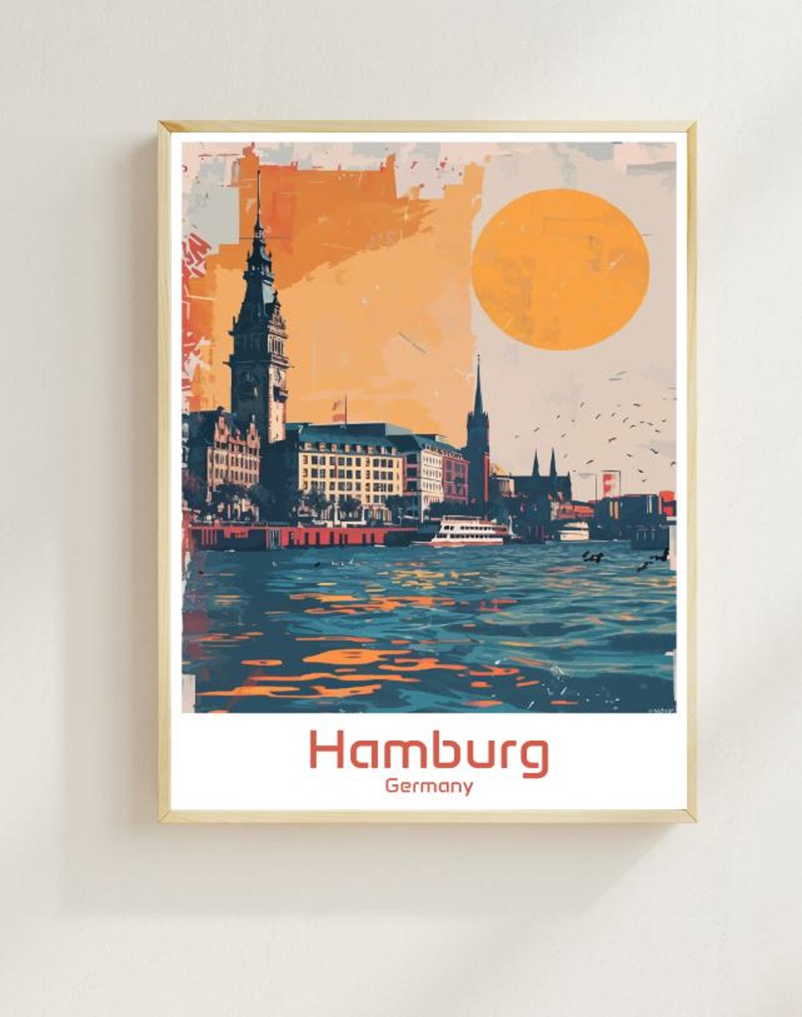Hamburg Germany Harbor Sunset Ships Waterfront Skyline Poster