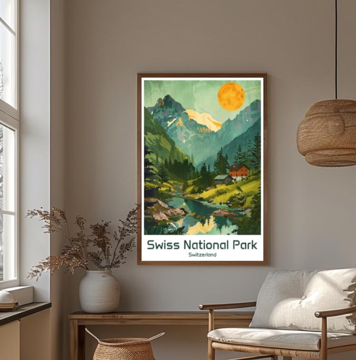 Swiss National Park Moonrise Alpine Valley Cabin Landscape Poster - Image 4