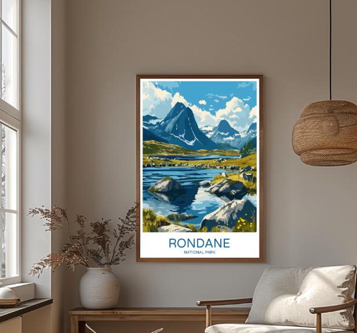 Rondane Snowy Mountain Peaks Reflecting In Rocky Lake Travel Poster - Image 3
