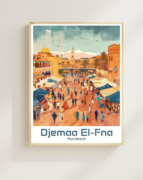 Djemaa El Fna Travel Poster Marrakech Wall Art Vibrant Moroccan Market Print Historic Medina Decor Exotic Travel Gift Morocco Artwork