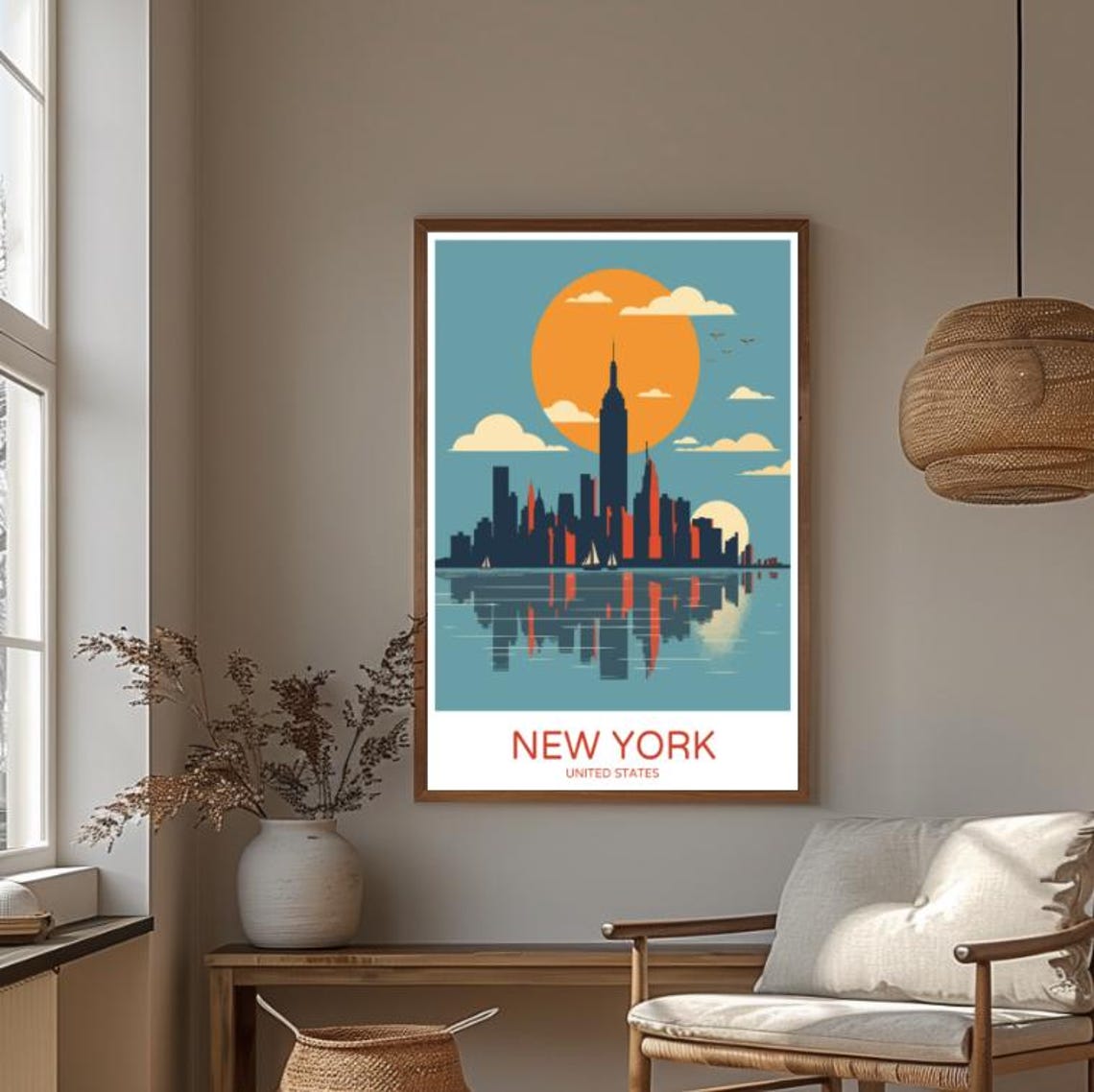 New York United States Sunset Manhattan Skyline Retro Travel Poster - Image 3
