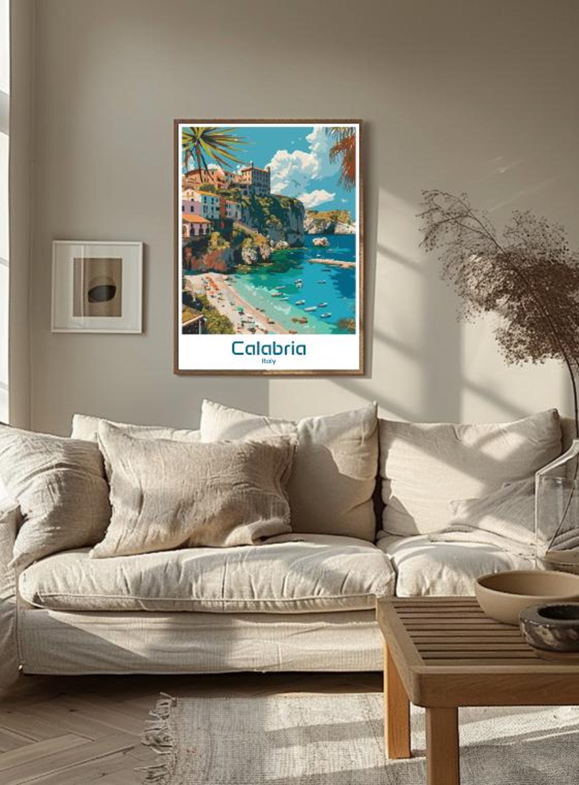 Stunning Calabria Italy Cliff Town Turquoise Cove Boats Poster - Image 3