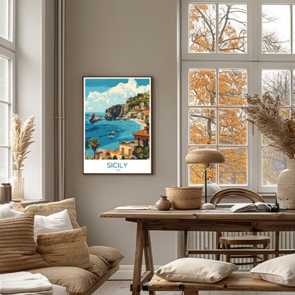 Sicily Italy Coastal Town Cliffs and Anchored Boats Scene Poster - Image 4