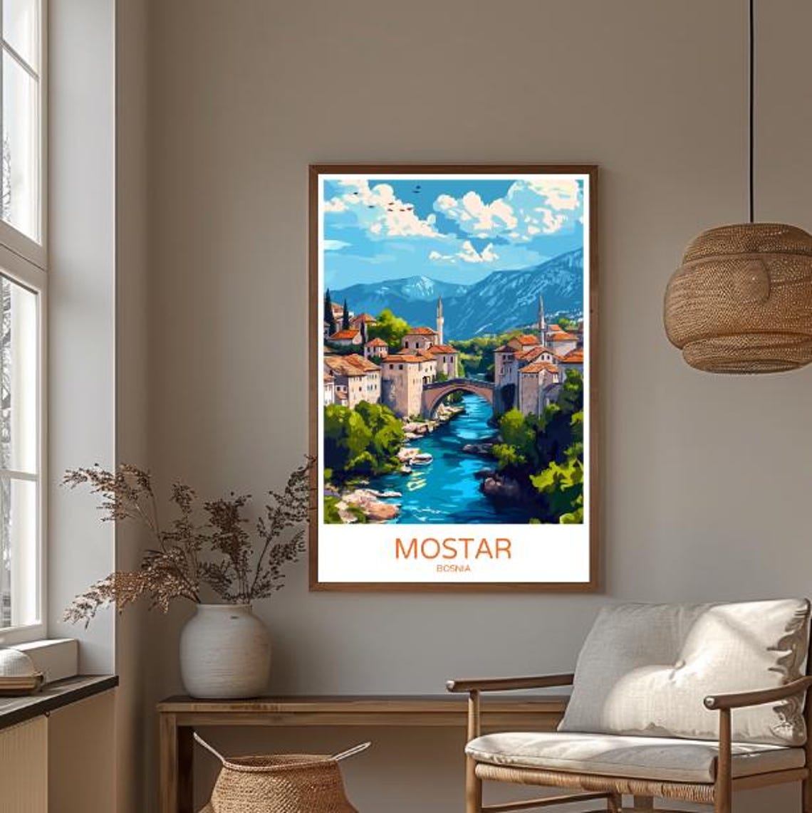 Mostar Bosnia Stari Most Bridge Poster Over Neretva River Mountains - Image 3