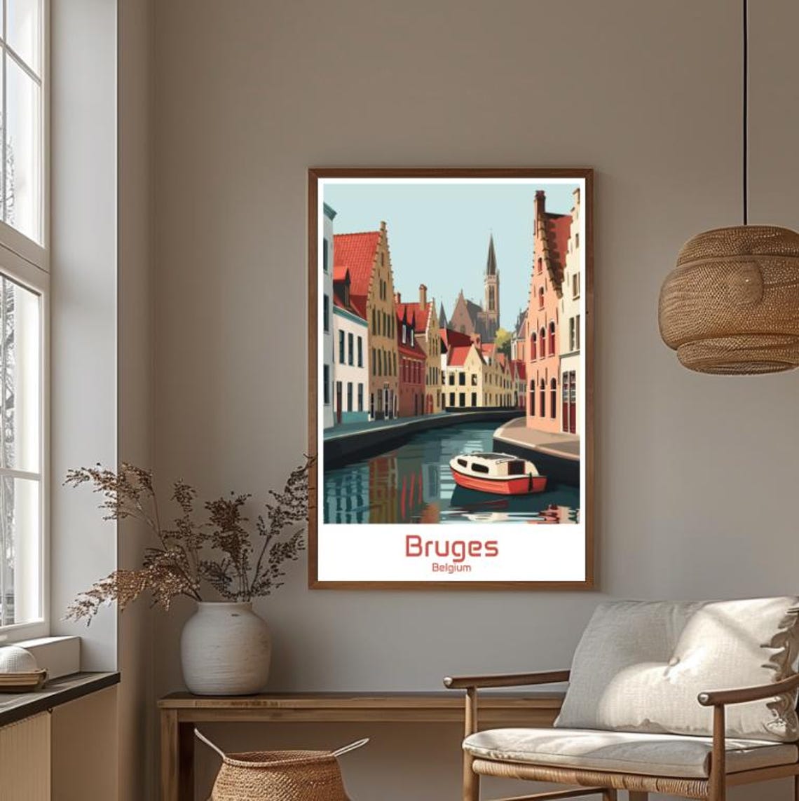 Bruges Belgium Medieval Canal with Red Boat Vintage Travel Poster - Image 4