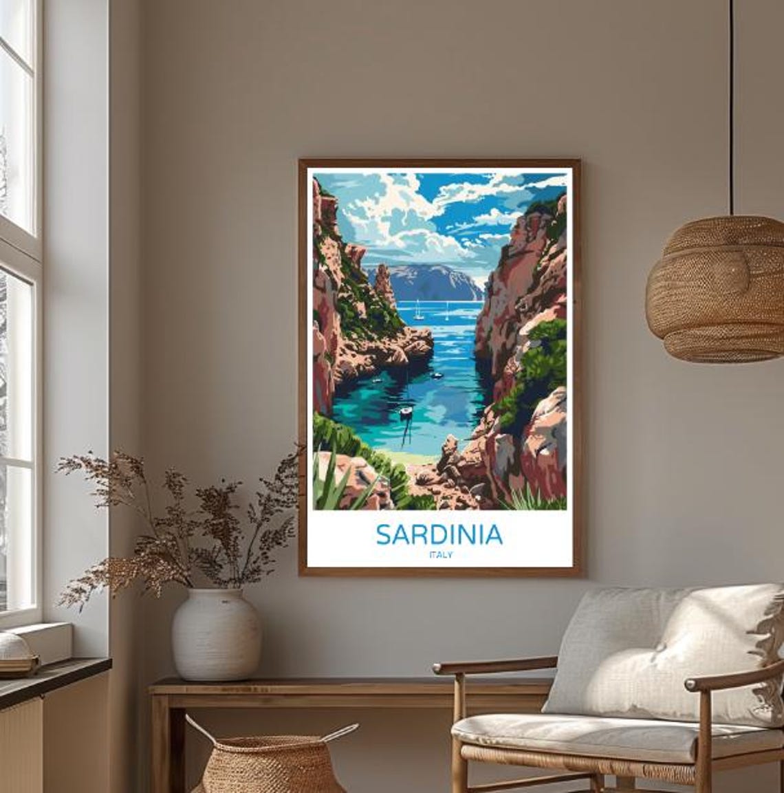 Sardinia Italy Turquoise Rocky Cove Beach Scene Holiday Poster - Image 3