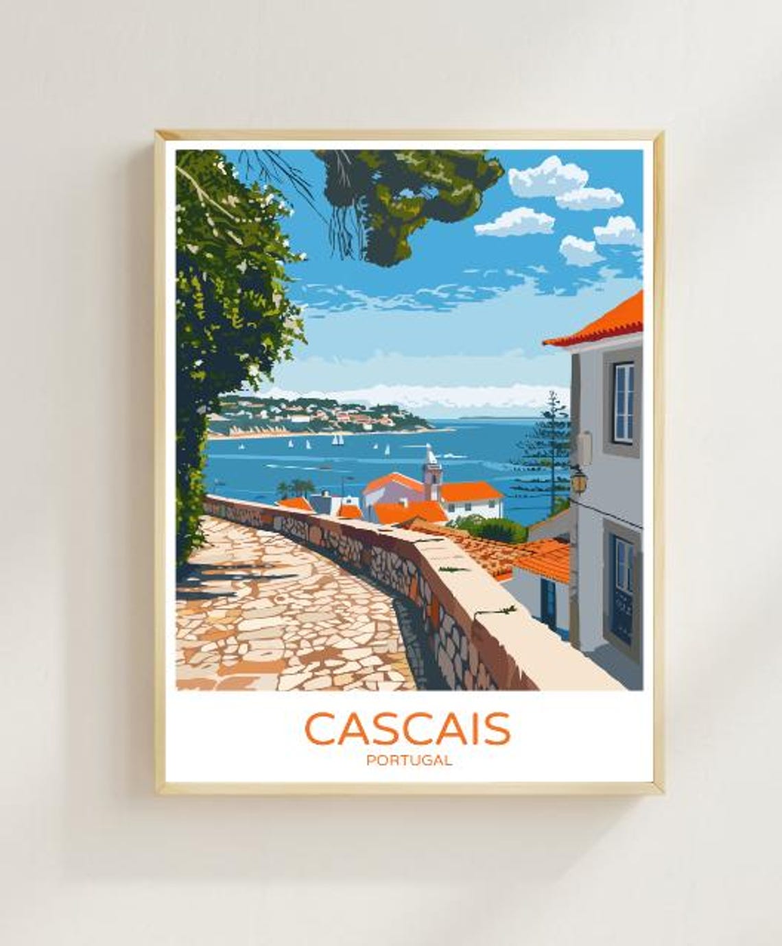 Cascais Portugal Cobblestone Street Overlooking the Bay Poster